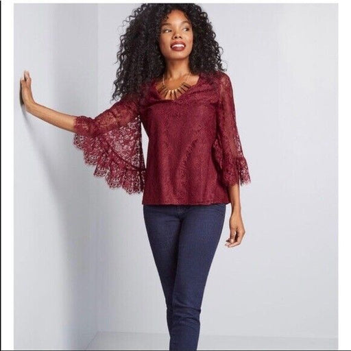 Modcloth V-Neck Bell Sleeve Lace Blouse In Burgundy Size XS