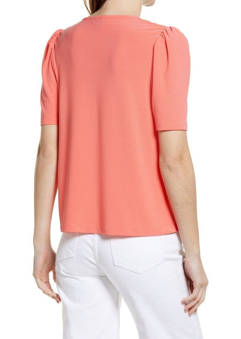 Halogen Women Shirred Detail V-Neck Top Coral Size L