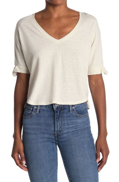 Melrose And Market Knot Sleeve Stripe Printed Cropped T-Shirt Beige Oatmeal