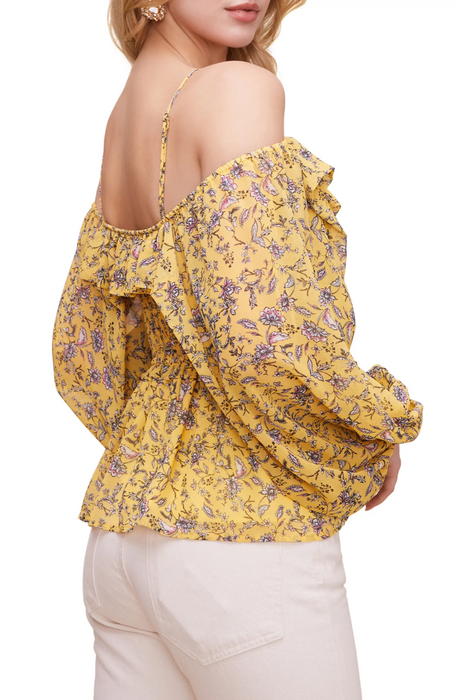 ASTR Ruffle Off The Shoulder Smocked Top Yellow Floral Size XS