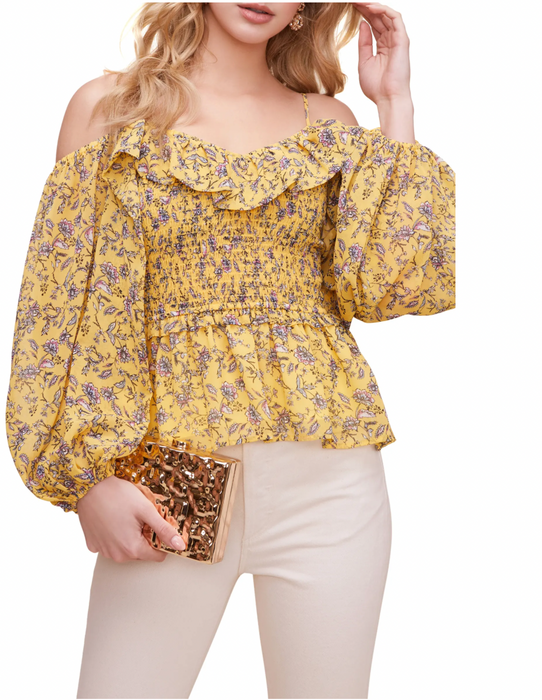 ASTR Ruffle Off The Shoulder Smocked Top Yellow Floral Size XS